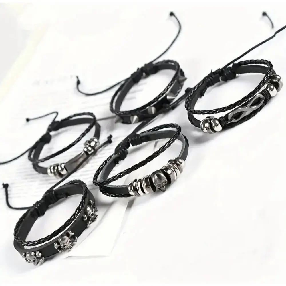 Set of 5 Gothic Punk Skull Head Biker Bracelet Unisex Grunge Adjustable Rock